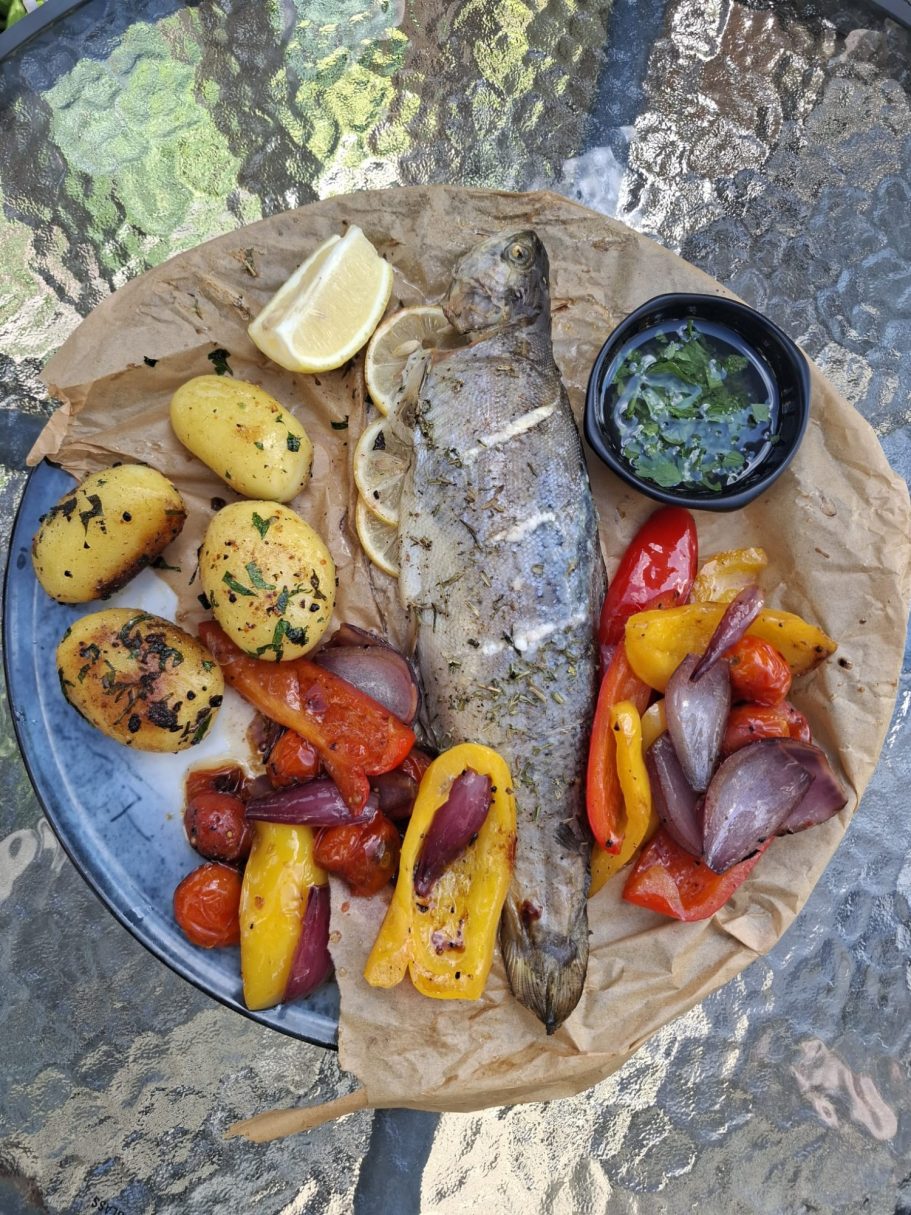 Ganze Forelle aus dem Ofen, mit Tomaten-Zwiebel-Paprika Gemüse & Butter-Petersilien Kartoffel DünenWiese Café & Restaurant Mittag & Abendessen Scharbeutz & Haffkrug